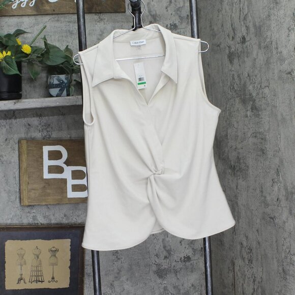 Calvin Klein Collared Twist-Front Sleeveless Top Shirt Stony Beige Brown L - Picture 1 of 5